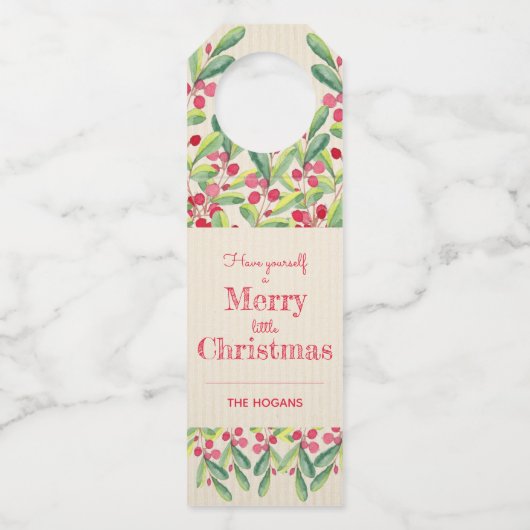 Waterverf Berries en kerstfeestdagen met bladeren Flessenhanger (Voorkant)