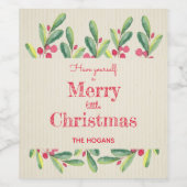 Waterverf Berries en kerstfeestdagen met bladeren Wijn Etiket (Enkel label)