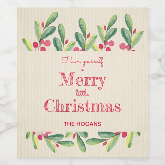 Waterverf Berries en kerstfeestdagen met bladeren Wijn Etiket (Enkel label)