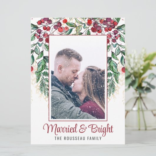 Waterverf Berries Evergreen Getrouwd en Bright Feestdagenkaart (Staand voorkant)