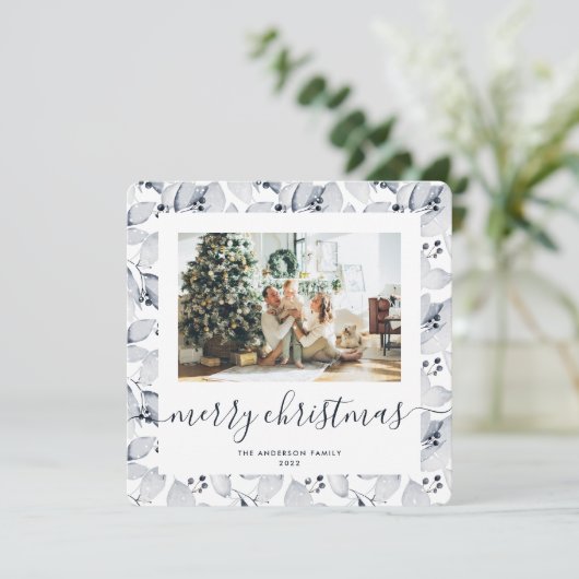 Waterverf Berries Greenery Foto kerstKaarten Feestdagenkaart (Staand voorkant)