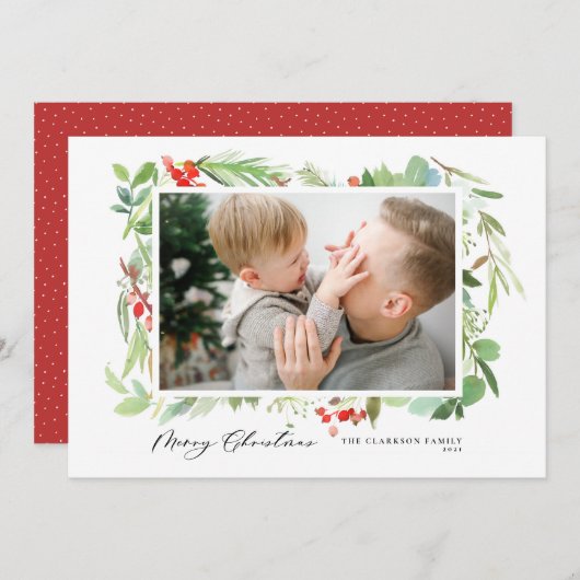 Waterverf Berries Greenery Lijst Merry Kerstmis Feestdagenkaart (Voorkant / Achterkant)