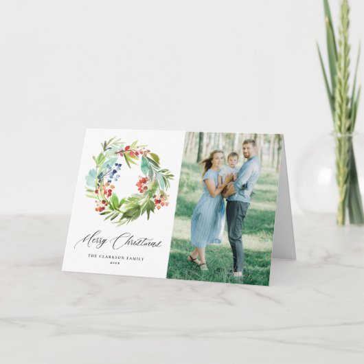 Waterverf Berries Greenery Wreate kerstfoto Feestdagen Kaart (Voorkant)