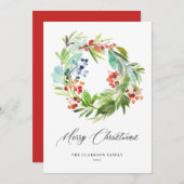 Waterverf Berries Greenery Wreath Merry Kerstmis Feestdagenkaart (Voorkant / Achterkant)