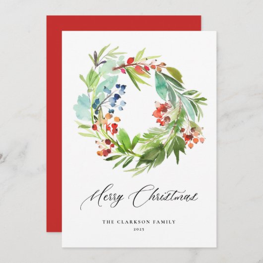 Waterverf Berries Greenery Wreath Merry Kerstmis Feestdagenkaart (Voorkant / Achterkant)