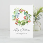 Waterverf Berries Greenery Wreath Merry Kerstmis Feestdagenkaart (Staand voorkant)