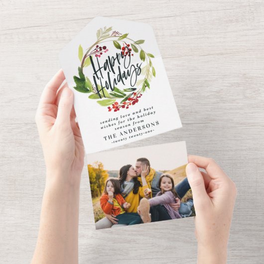 Waterverf Berries Greenery Wreath Prettige feestda All In One Uitnodiging (Afscheurbaar)