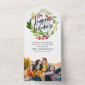 Waterverf Berries Greenery Wreath Prettige feestda All In One Uitnodiging (Binnen)