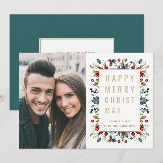 Waterverf Berries Modern Gold kerstfoto Feestdagenkaart (Voorkant / Achterkant)