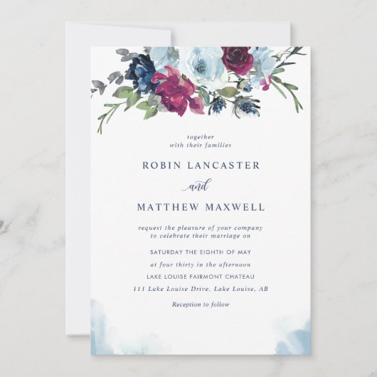 Waterverf Berry Blue Burgundy Floral Wedding Invi Kaart (Voorkant)