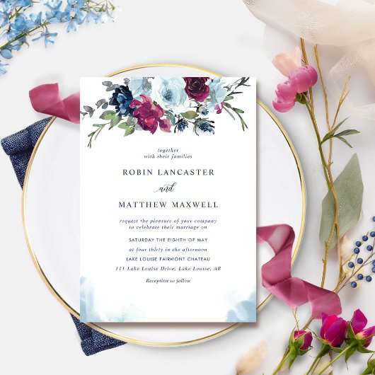 Waterverf Berry Blue Burgundy Floral Wedding Invi Kaart