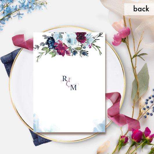 Waterverf Berry Blue Burgundy Floral Wedding Invi Kaart