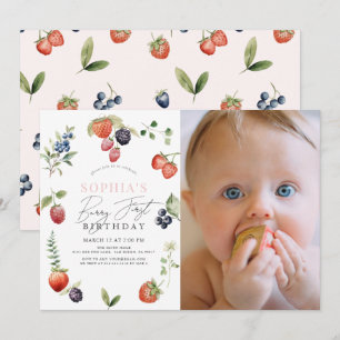 Waterverf Berry Eerste Meisje 1e Verjaardag Foto Kaart