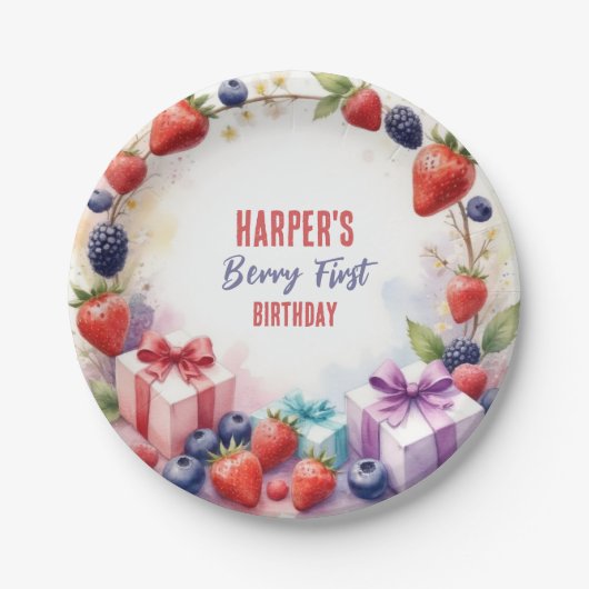 Waterverf Berry Eerste Verjaardag Aardbeienfeest - Papieren Bordje (Voorkant)