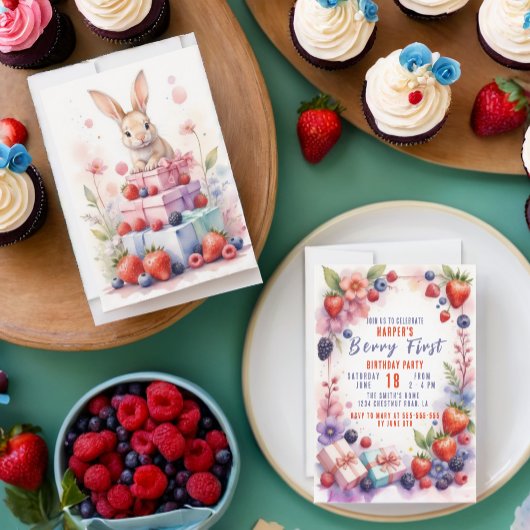 Waterverf Berry eerste verjaardag met konijn Kaart