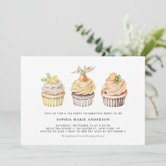 Waterverf Berry en Citrus Cupcakes Tea Party Kaart (Staand voorkant)