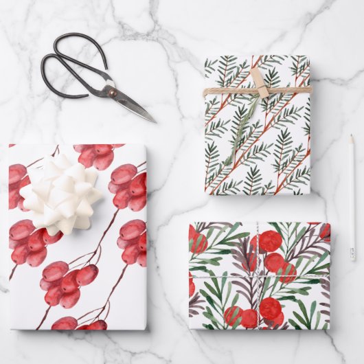 Waterverf Berry en Greenery Leaves Holiday Inpakpapier Vel (Voorkant)