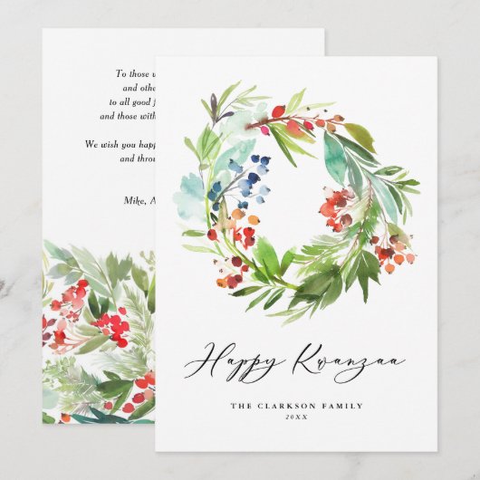 Waterverf Berry en Griekenland Wreath Happy Kwanza Feestdagenkaart (Voorkant / Achterkant)