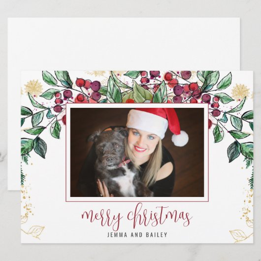 Waterverf Berry Evergreen Vakantiefoto Feestdagenkaart (Voorkant / Achterkant)