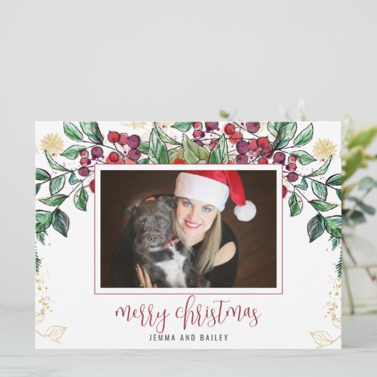 Waterverf Berry Evergreen Vakantiefoto Feestdagenkaart (Staand voorkant)
