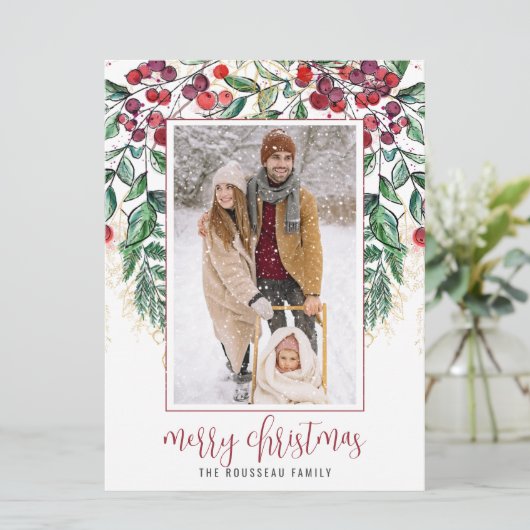 Waterverf Berry Evergreen Vrolijk Kerstfeest Feestdagenkaart (Staand voorkant)