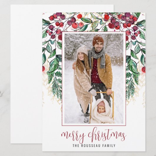 Waterverf Berry Evergreen Vrolijk Kerstfeest Feestdagenkaart (Voorkant / Achterkant)