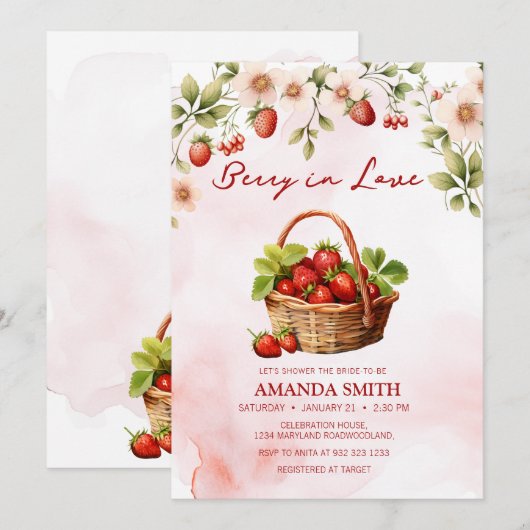 Waterverf Berry in Love Bridal Shower Uitnodiging (Voorkant / Achterkant)