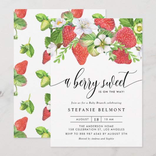 Waterverf Berry Sweet Strawberries Baby Brunch Kaart (Voorkant / Achterkant)