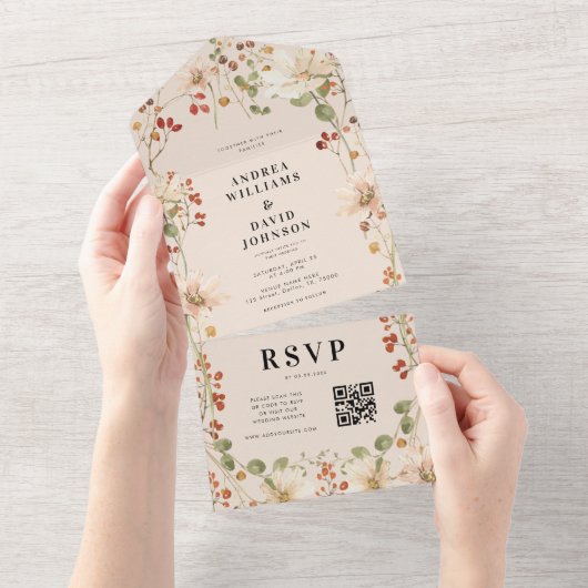 Waterverf Berry Wildflower Spring QR Code Weddensc All In One Uitnodiging (Afscheurbaar)