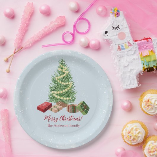 Waterverf besneeuwde kerstboom en cadeaus papieren bordje (Feest)