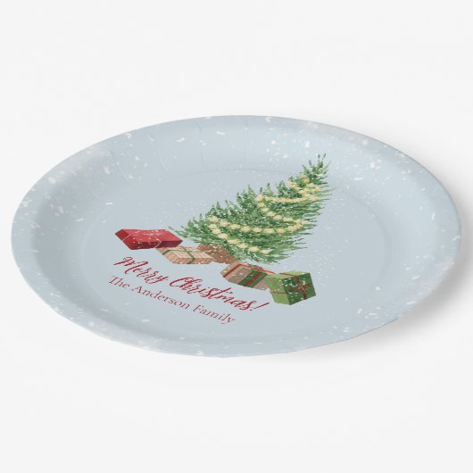 Waterverf besneeuwde kerstboom en cadeaus papieren bordje (Gekanteld)