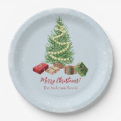 Waterverf besneeuwde kerstboom en cadeaus papieren bordje (Voorkant)