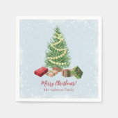 Waterverf besneeuwde kerstboom en cadeaus servet (Voorkant)