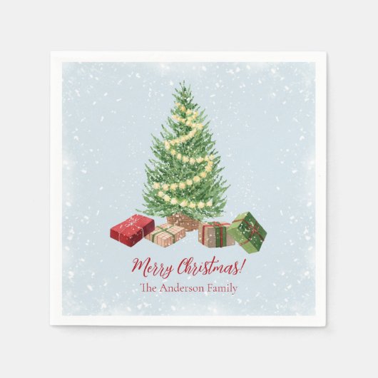Waterverf besneeuwde kerstboom en cadeaus servet (Voorkant)