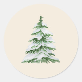 Waterverf besneeuwde kerstboom ronde sticker