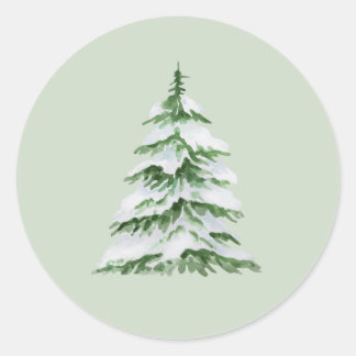 Waterverf besneeuwde kerstboom ronde sticker