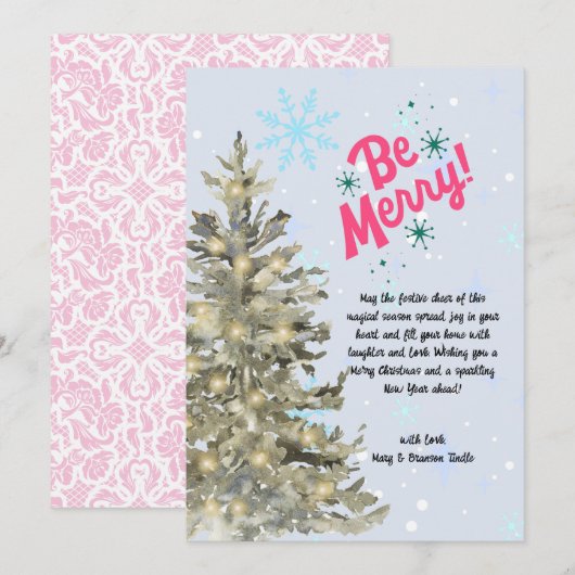 Waterverf besneeuwde kerstboom winterscene feestdagenkaart (Voorkant / Achterkant)