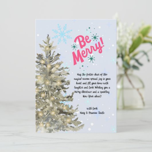 Waterverf besneeuwde kerstboom winterscene feestdagenkaart (Staand voorkant)