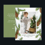 Waterverf besneeuwde pinecones foto kerst Kaart<br><div class="desc">Vrolijk kerstfeest! Met deze aanpasbare foto-kerstkaart kunt u uw familie en vrienden warm begroeten. Het bevat waterverf illustraties van snowy pinecones en pijnnaalden. De teksten zijn volledig bewerkbaar. Personaliseer door namen, bericht, foto en andere details toe te voegen. Deze kerstkaart met waterverf is perfect voor alle feestdagen in de winter....</div>