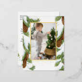Waterverf besneeuwde pinecones foto vrolijk kerstf folie feestdagen briefkaart (Front/Back)
