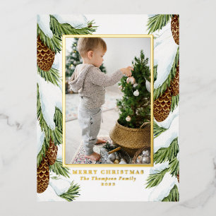 Waterverf besneeuwde pinecones foto vrolijk kerstf folie feestdagen briefkaart