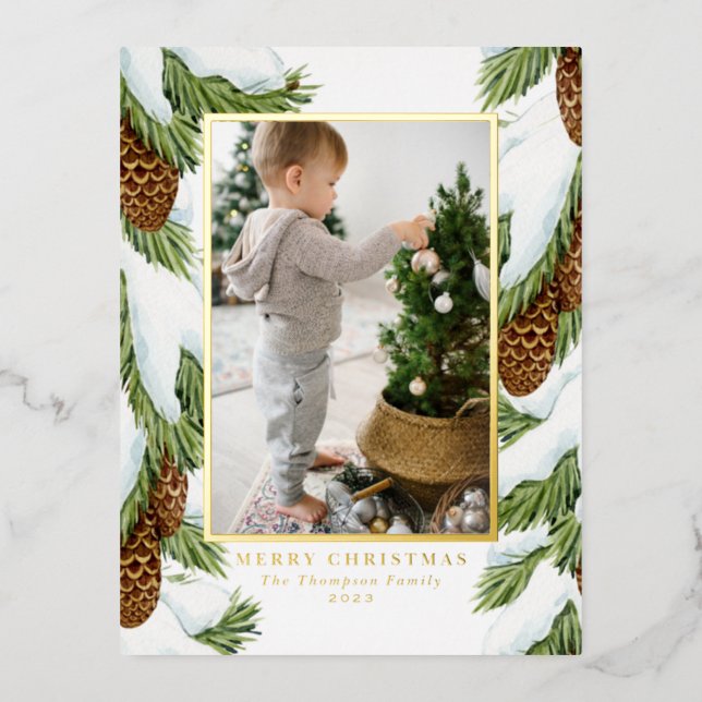 Waterverf besneeuwde pinecones foto vrolijk kerstf folie feestdagen briefkaart (Front)