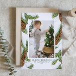 Waterverf besneeuwde pinecones vrolijke kerstfoto feestdagen kaart<br><div class="desc">Vrolijk kerstfeest! Met deze aanpasbare foto-kerstkaart kunt u uw familie en vrienden warm begroeten. Het bevat waterverf illustraties van snowy pinecones en pijnnaalden. De teksten zijn volledig bewerkbaar. Personaliseer door namen, bericht, foto en andere details toe te voegen. Deze kerstkaart met waterverf is perfect voor alle feestdagen in de winter....</div>