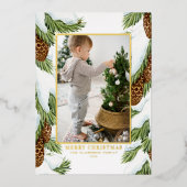 Waterverf besneeuwde pinecones vrolijke kerstfoto folie feestdagenkaart (Voorkant)