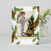 Waterverf besneeuwde pinecones vrolijke kerstfoto folie feestdagenkaart (Staand Voorkant)