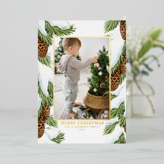Waterverf besneeuwde pinecones vrolijke kerstfoto folie feestdagenkaart (Staand Voorkant)