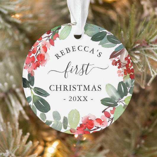 Waterverf bessen groene krans eerste kerst ornament (Boom)