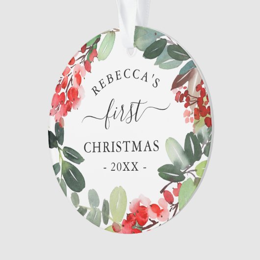 Waterverf bessen groene krans eerste kerst ornament (voorkant)