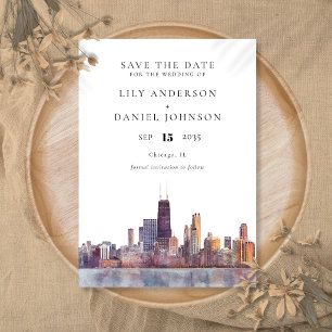 Waterverf Bestemming Huwelijk Chicago Silhouet Save The Date