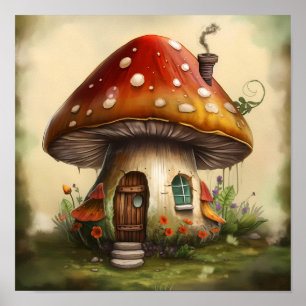 Waterverf betoverde Mushroom Art Cottage Poster